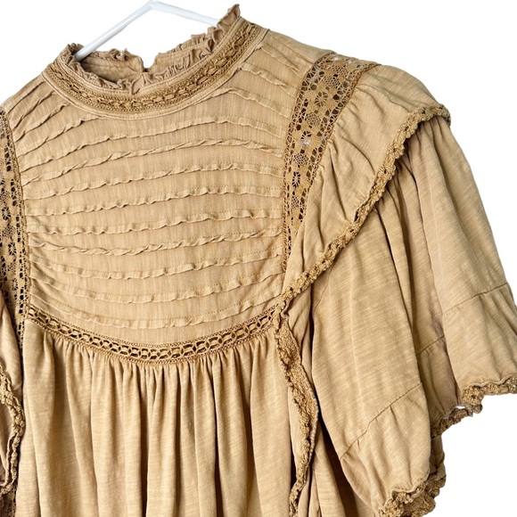 Free People Le Femme Peasant Ruffle Top Small Tan - Picture 4 of 6